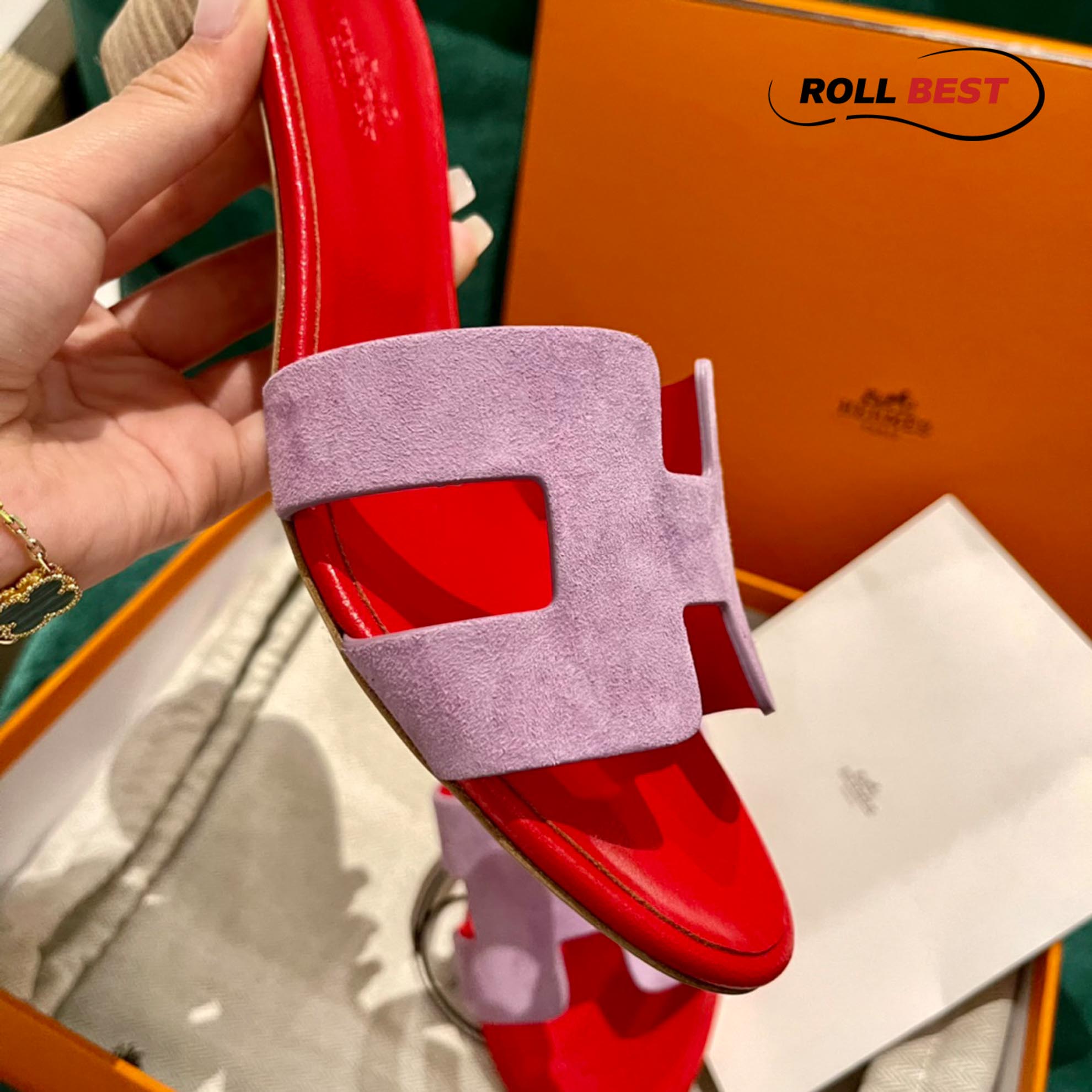 Dép Cao Gót Nữ Hermes Oasis Sandal Hồng Đỏ Da Lộn