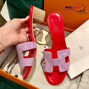 Dép Cao Gót Nữ Hermes Oasis Sandal Hồng Đỏ Da Lộn