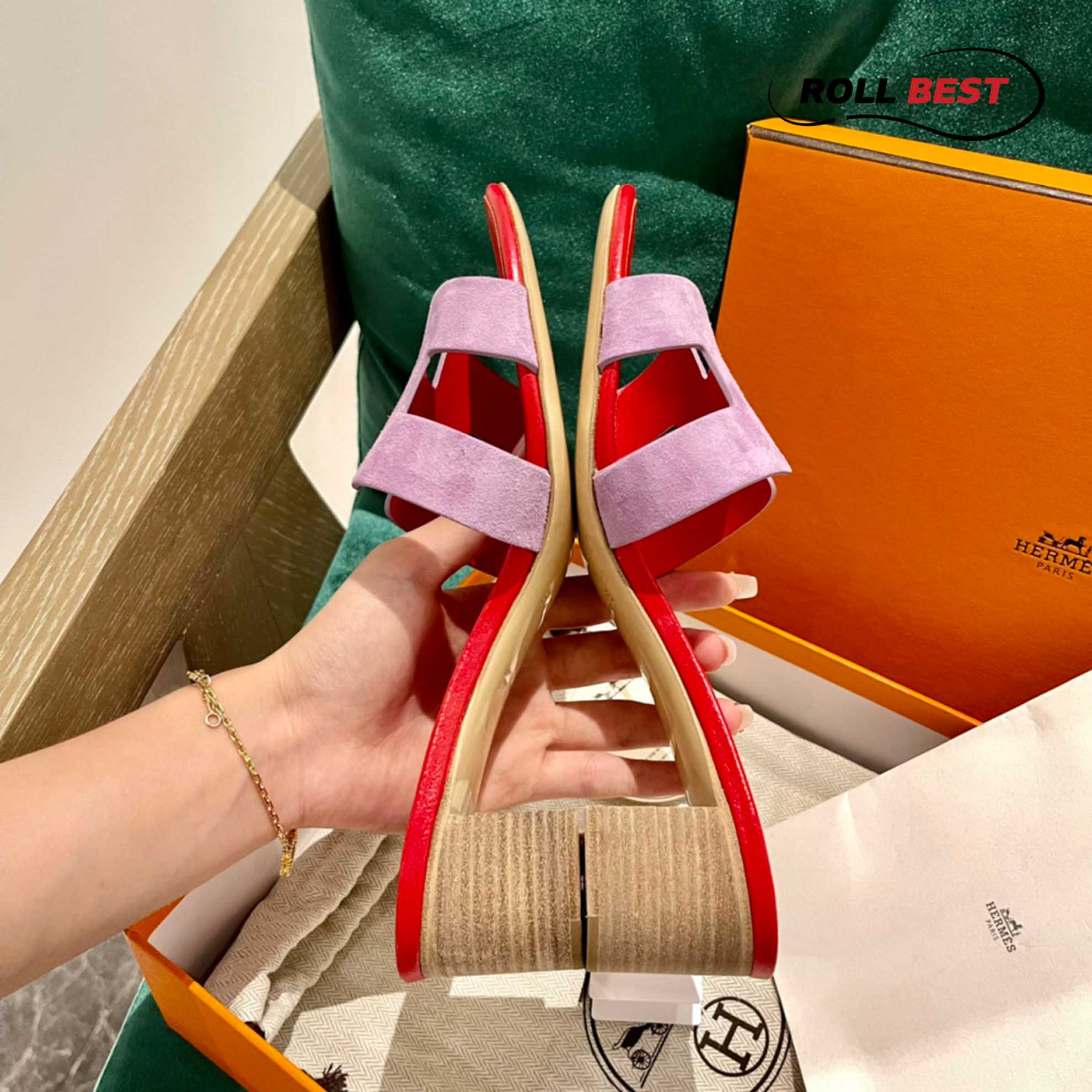 Dép Cao Gót Nữ Hermes Oasis Sandal Hồng Đỏ Da Lộn