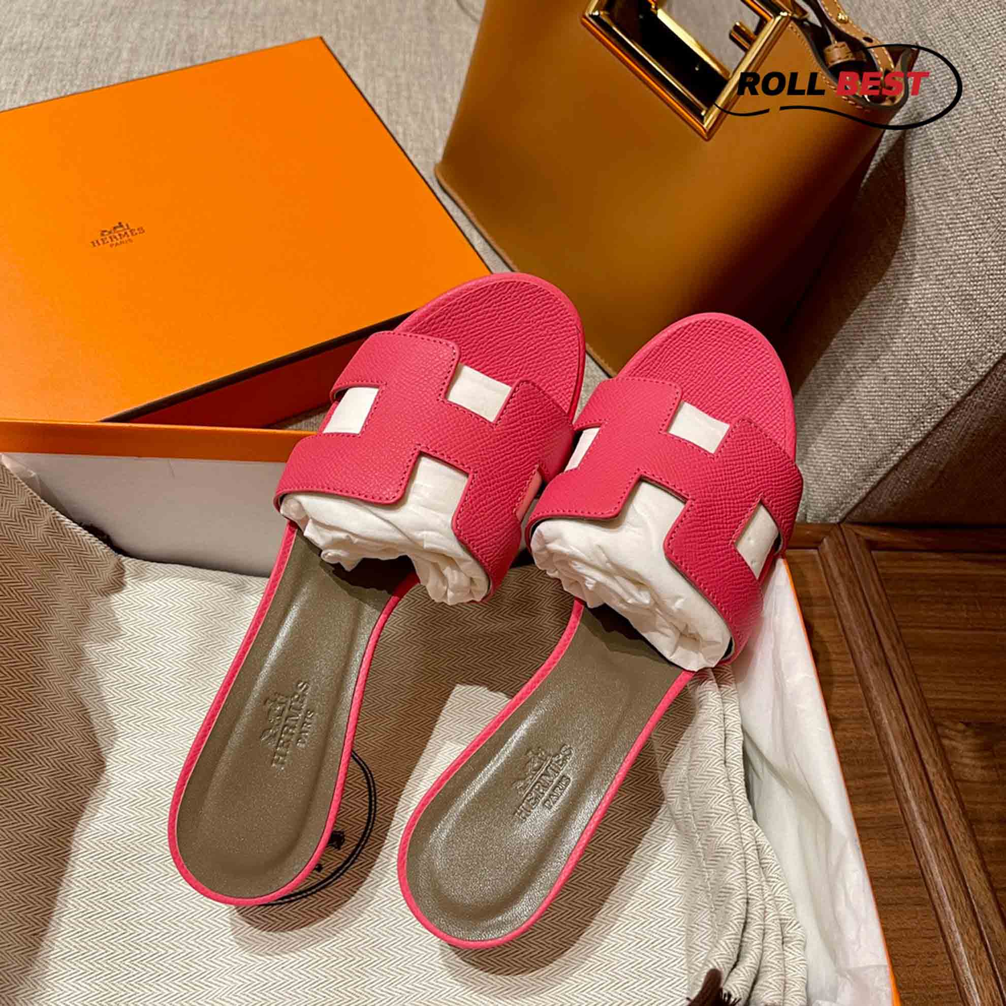 Dép Cao Gót Nữ Hermes Oasis Sandal Hồng Nâu Da Nhăn