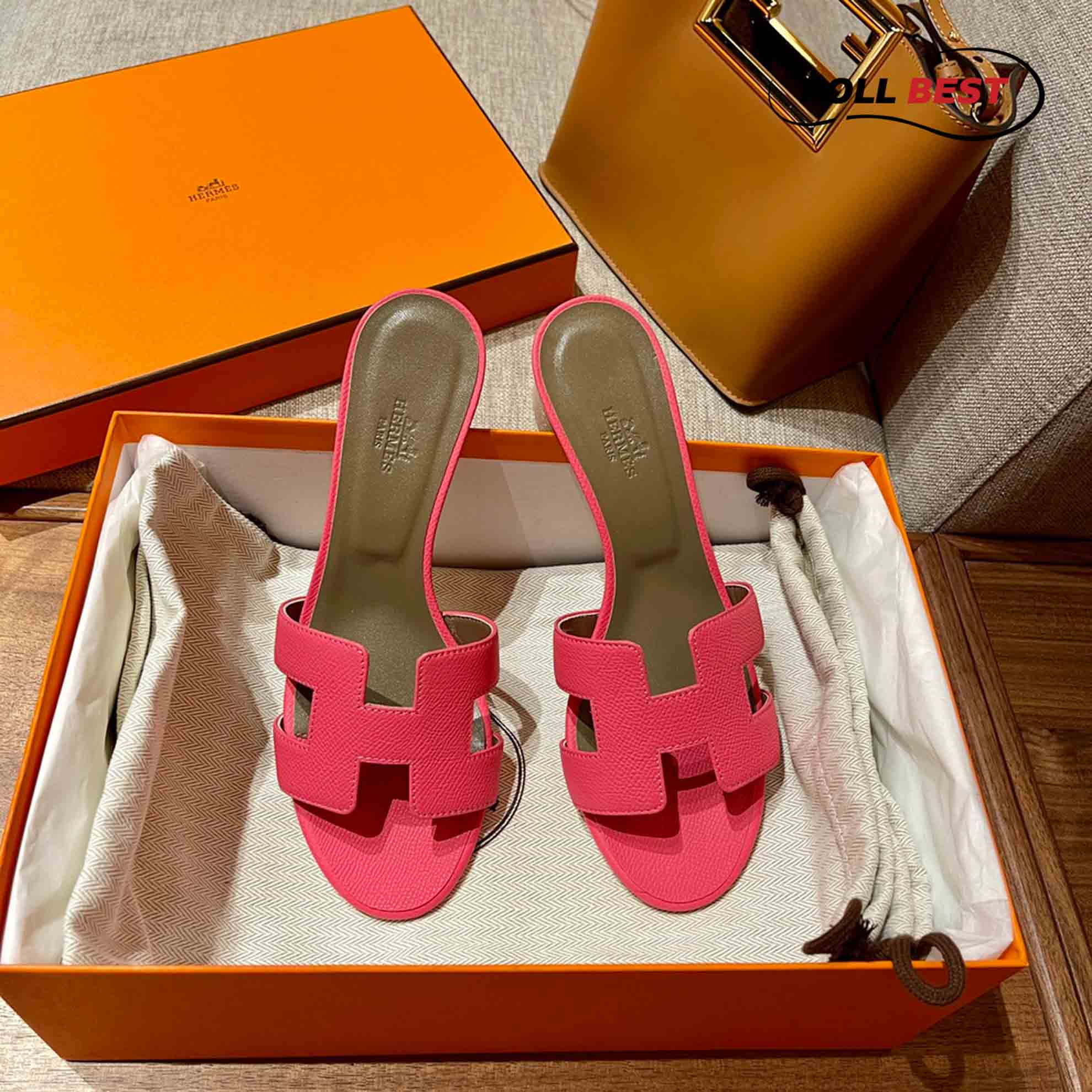 Dép Cao Gót Nữ Hermes Oasis Sandal Hồng Nâu Da Nhăn