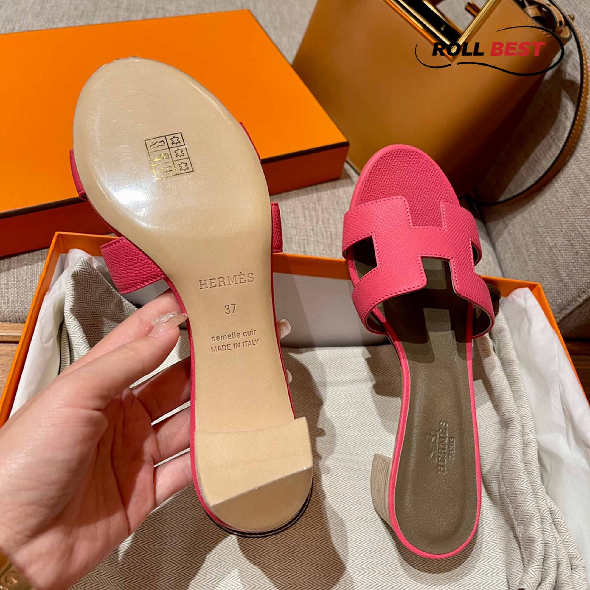 Dép Cao Gót Nữ Hermes Oasis Sandal Hồng Nâu Da Nhăn