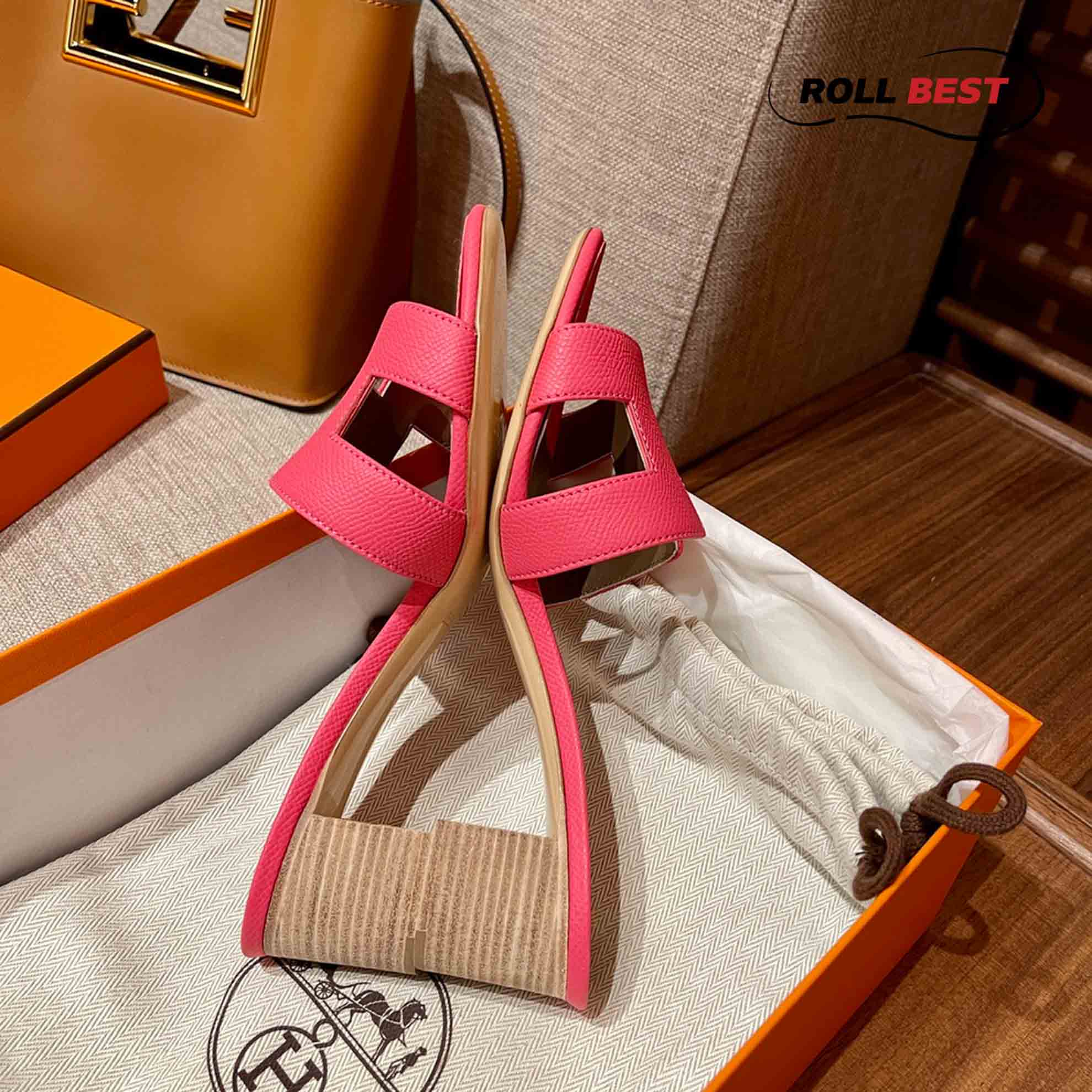 Dép Cao Gót Nữ Hermes Oasis Sandal Hồng Nâu Da Nhăn