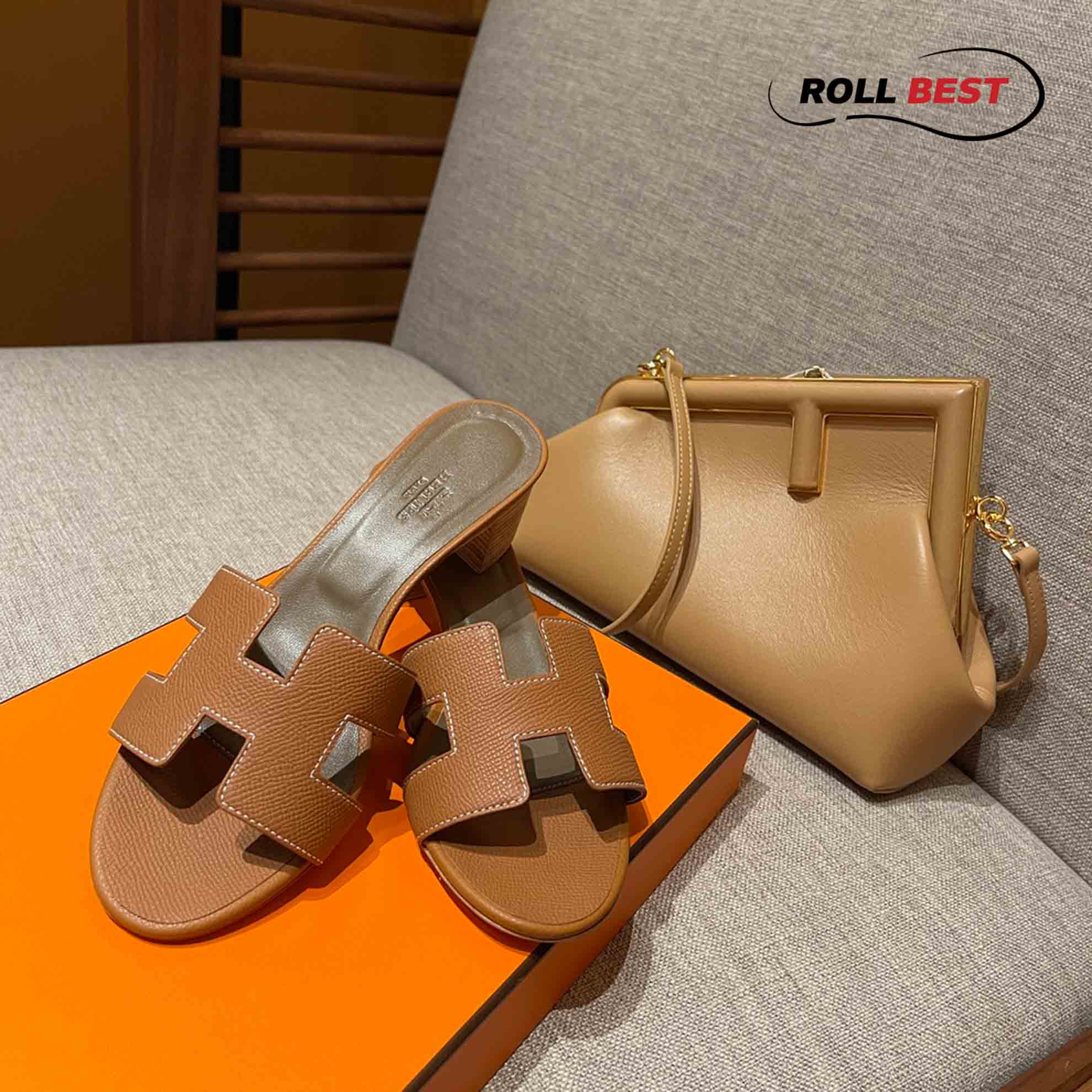 Dép Cao Gót Nữ Hermes Oasis Sandal Nâu Da Nhăn