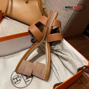 Dép Cao Gót Nữ Hermes Oasis Sandal Nâu Da Nhăn