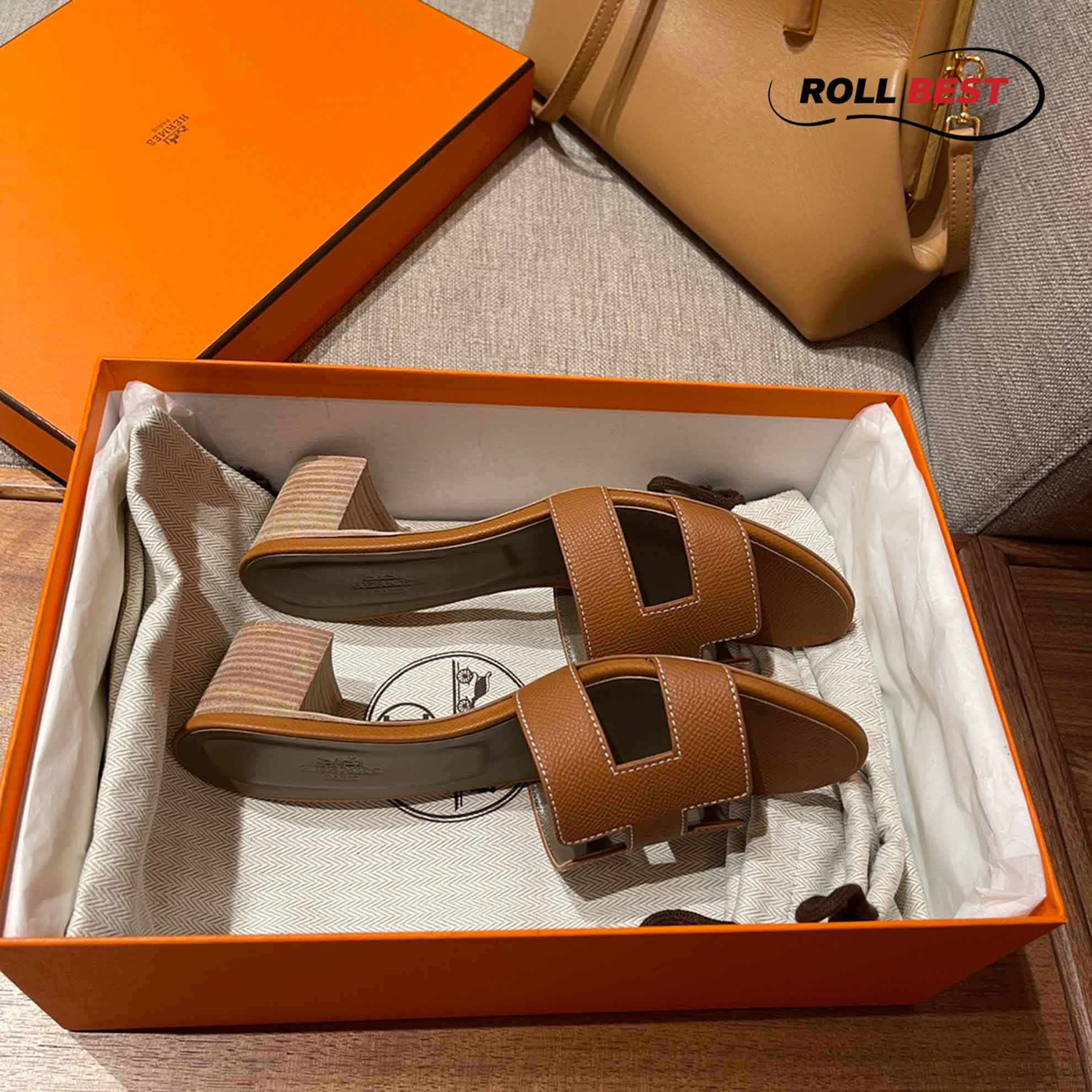 Dép Cao Gót Nữ Hermes Oasis Sandal Nâu Da Nhăn