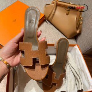 Dép Cao Gót Nữ Hermes Oasis Sandal Nâu Da Nhăn