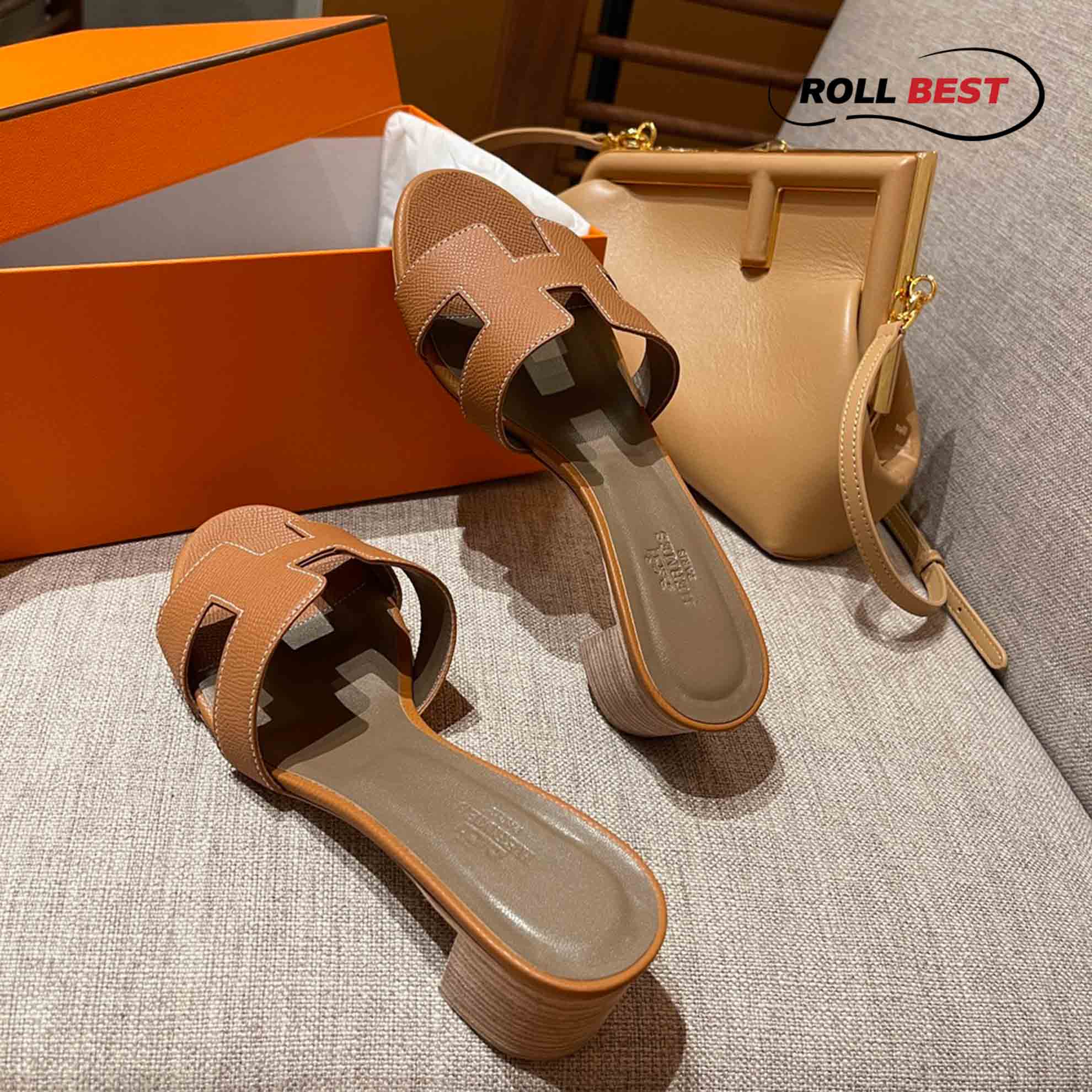 Dép Cao Gót Nữ Hermes Oasis Sandal Nâu Da Nhăn