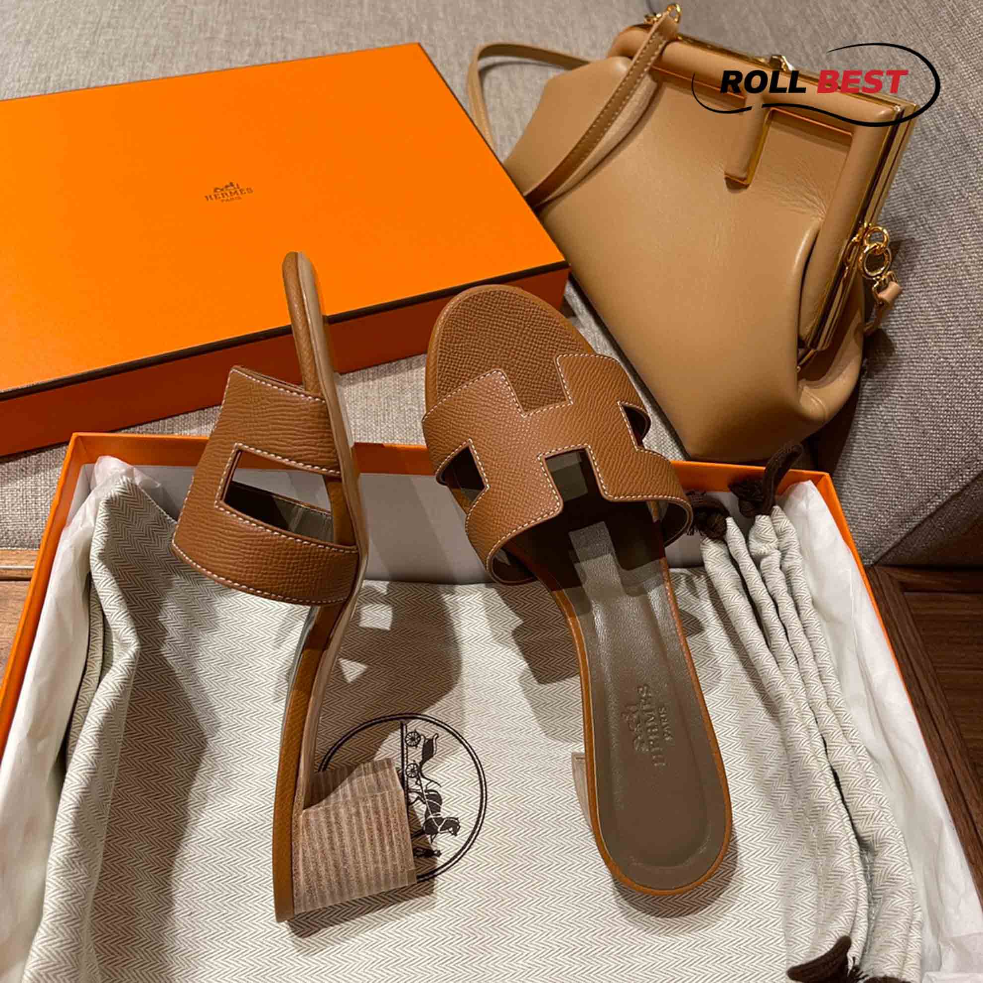 Dép Cao Gót Nữ Hermes Oasis Sandal Nâu Da Nhăn