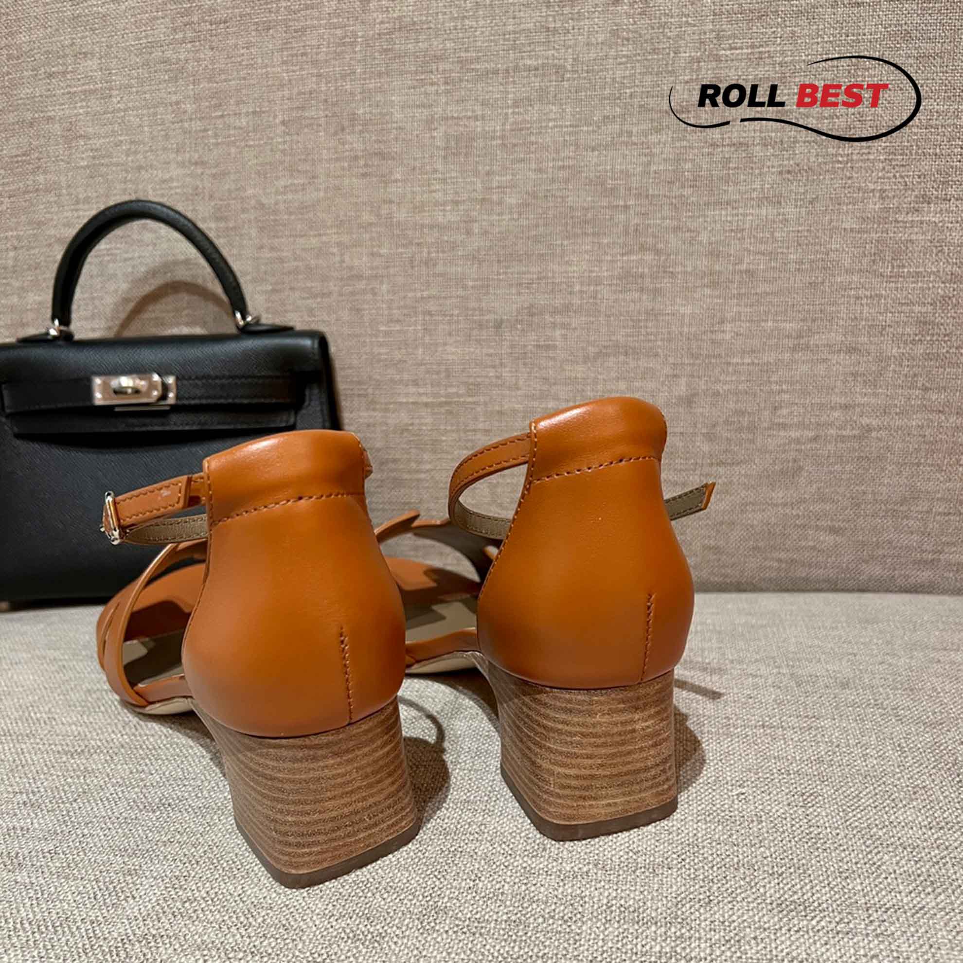 Dép Cao Gót Nữ Hermes Oasis Sandal Nâu có Quai