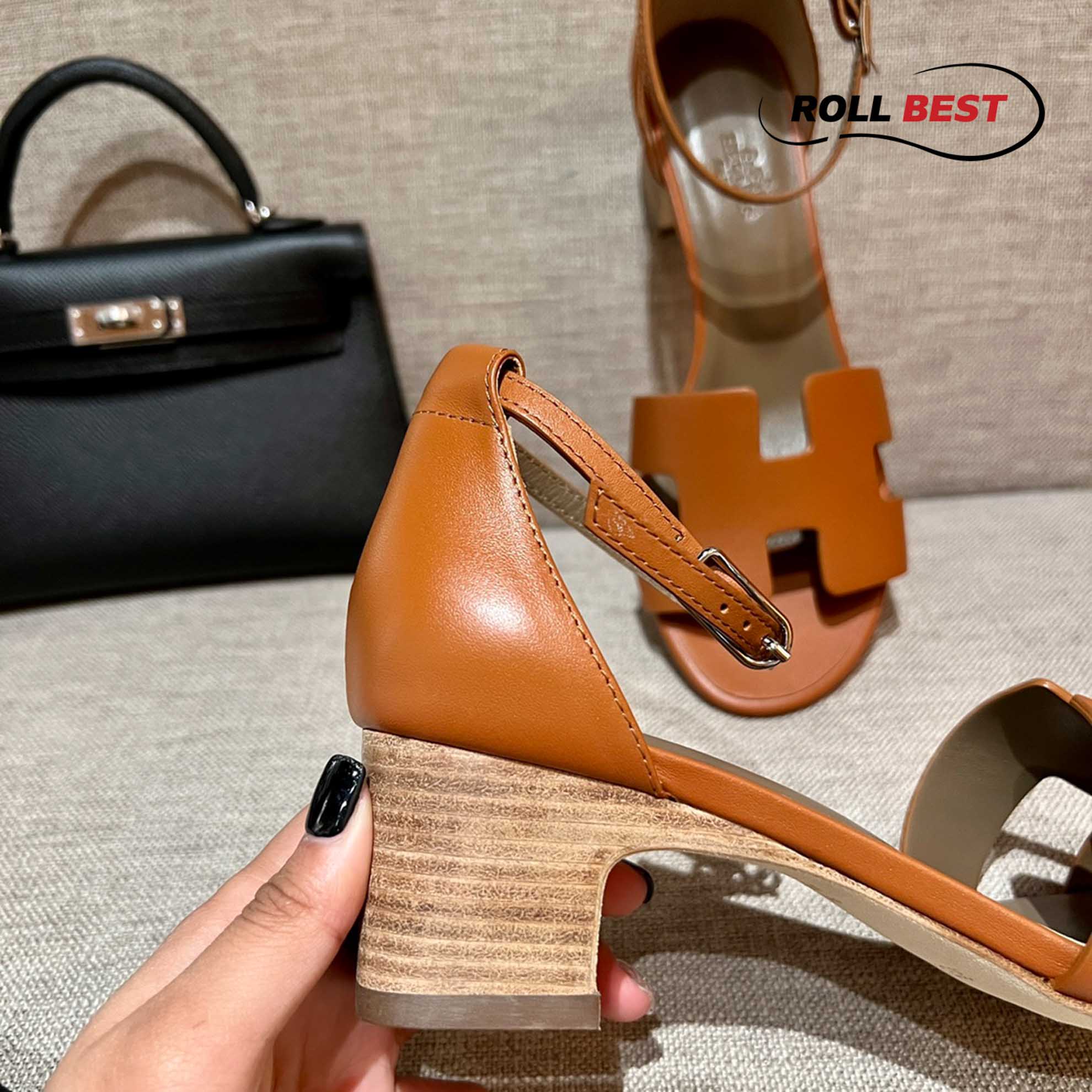 Dép Cao Gót Nữ Hermes Oasis Sandal Nâu có Quai