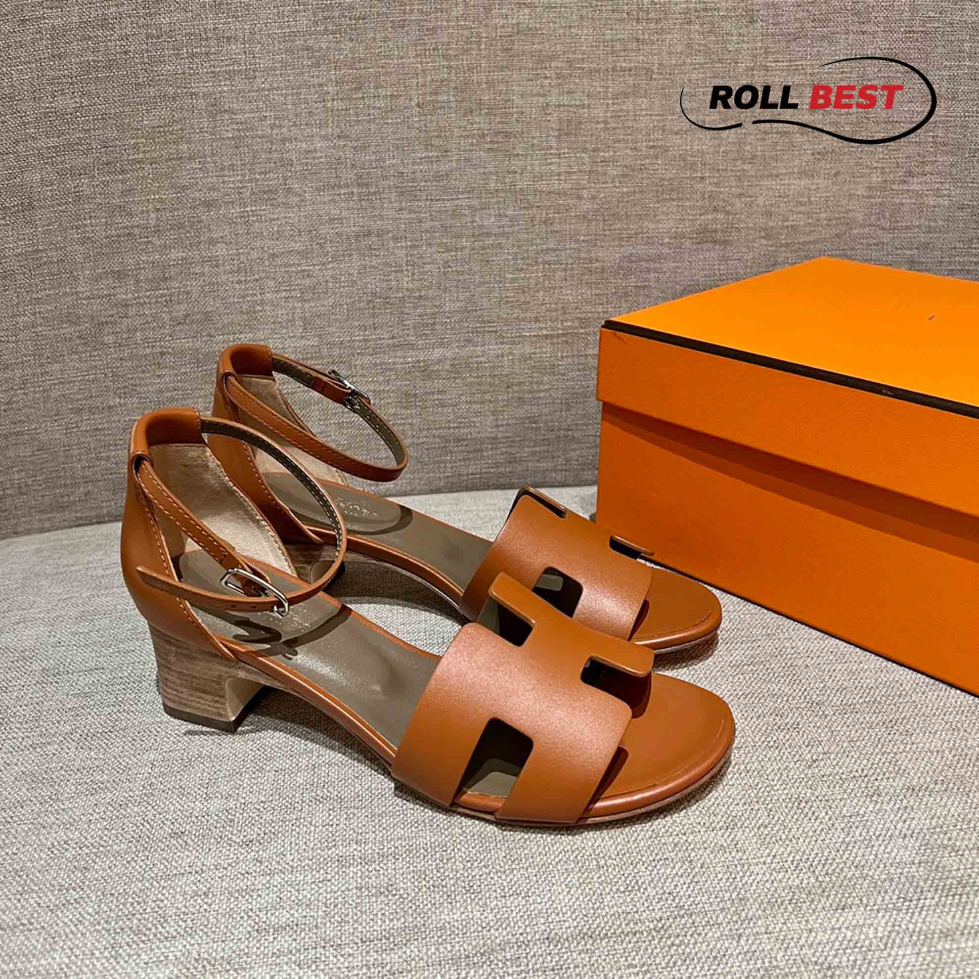 Dép Cao Gót Nữ Hermes Oasis Sandal Nâu có Quai