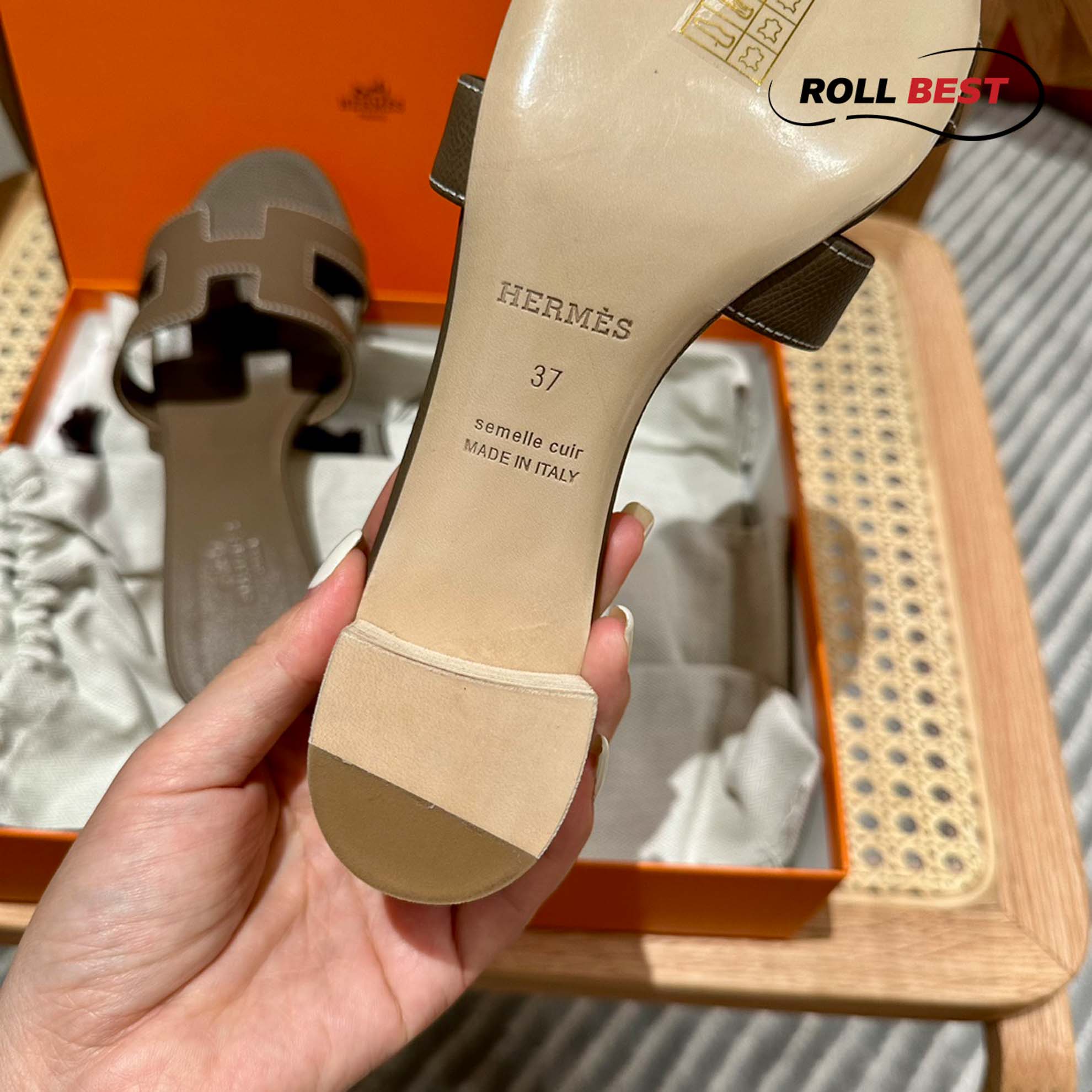 Dép Cao Gót Nữ Hermes Oasis Sandal Nâu Đen Da Nhăn