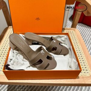 Dép Cao Gót Nữ Hermes Oasis Sandal Nâu Đen Da Nhăn