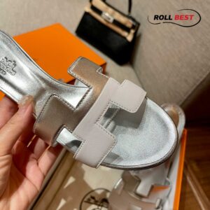 Dép Cao Gót Nữ Hermes Oasis Sandal Trắng Bạc Da Trơn