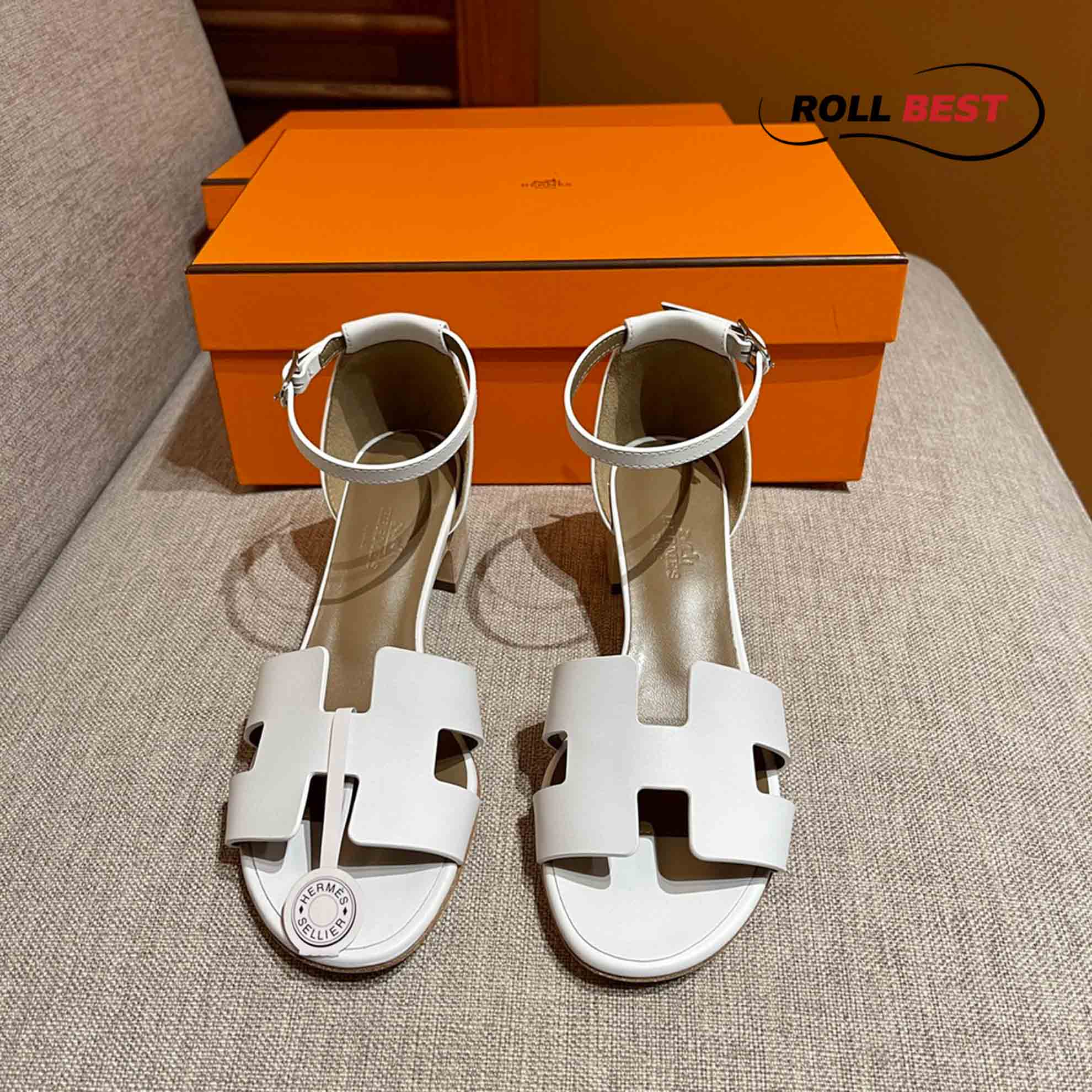 Dép Cao Gót Nữ Hermes Oasis Sandal Trắng có Quai