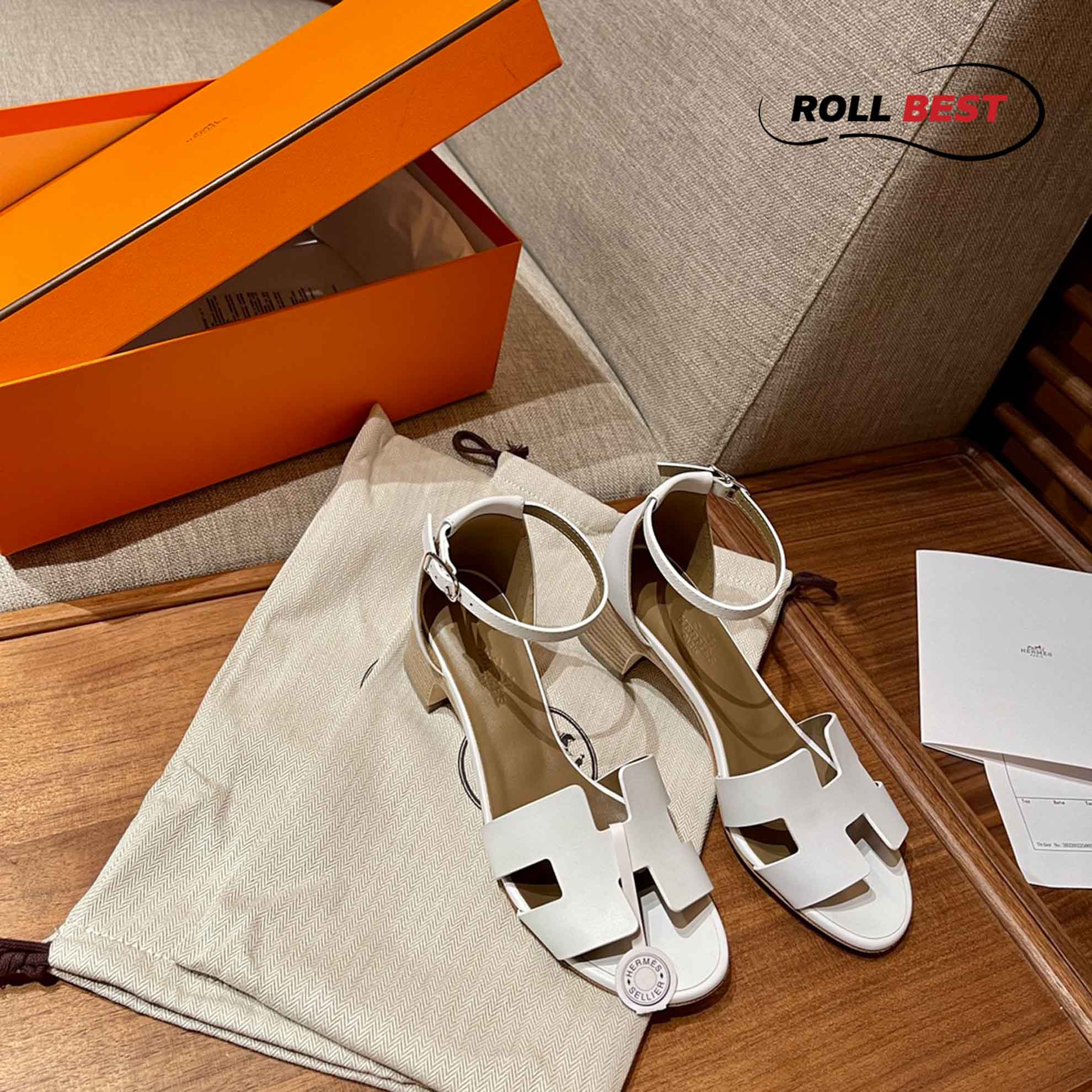 Dép Cao Gót Nữ Hermes Oasis Sandal Trắng có Quai