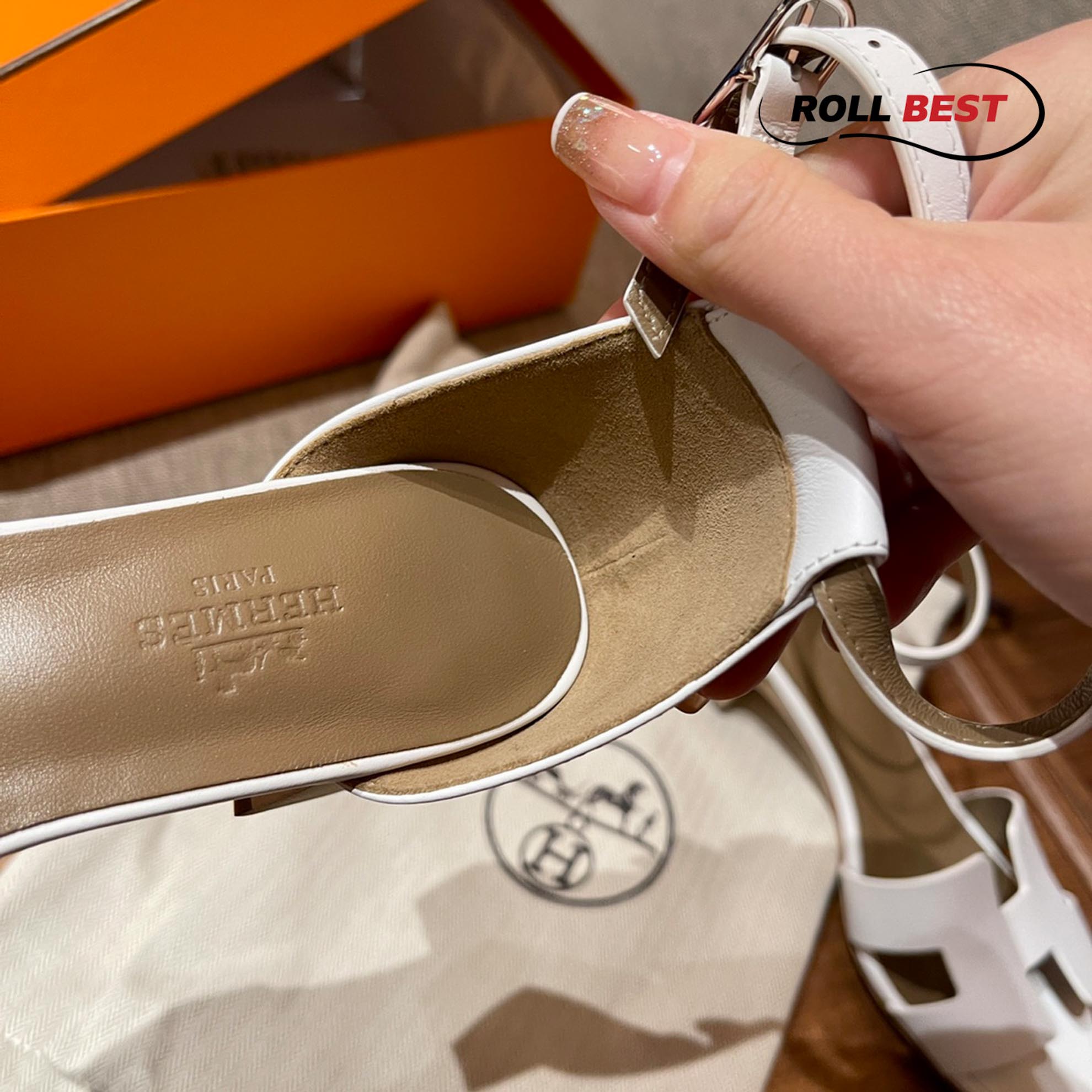 Dép Cao Gót Nữ Hermes Oasis Sandal Trắng có Quai