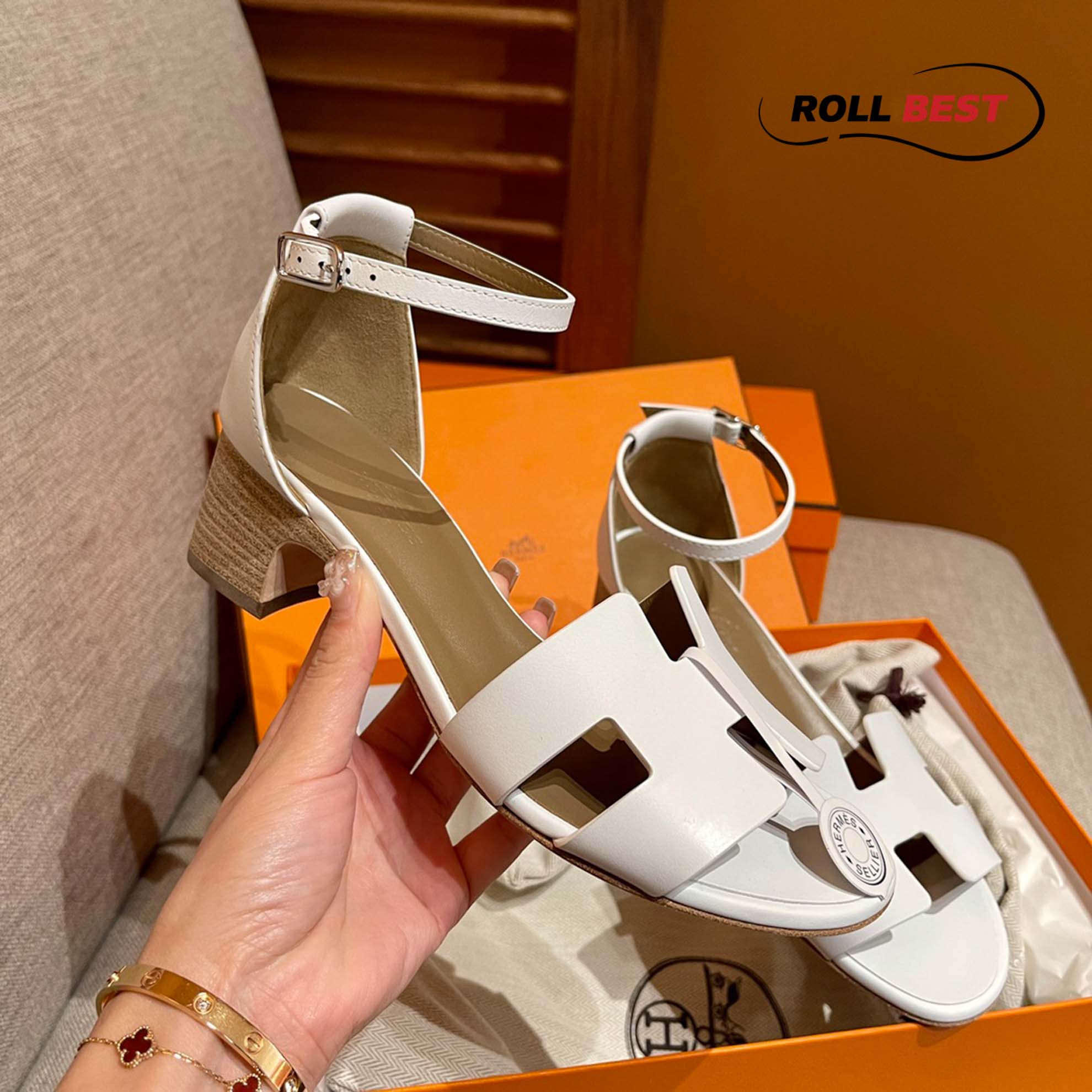 Dép Cao Gót Nữ Hermes Oasis Sandal Trắng có Quai