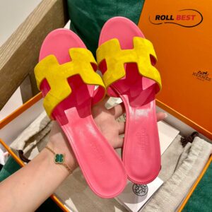 Dép Cao Gót Nữ Hermes Oasis Sandal Vàng Hồng Da Lộn