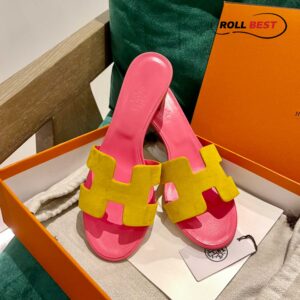 Dép Cao Gót Nữ Hermes Oasis Sandal Vàng Hồng Da Lộn