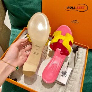 Dép Cao Gót Nữ Hermes Oasis Sandal Vàng Hồng Da Lộn