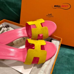 Dép Cao Gót Nữ Hermes Oasis Sandal Vàng Hồng Da Lộn