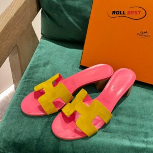 Dép Cao Gót Nữ Hermes Oasis Sandal Vàng Hồng Da Lộn