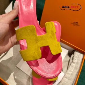 Dép Cao Gót Nữ Hermes Oasis Sandal Vàng Hồng Da Lộn