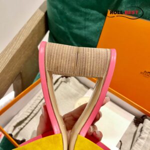 Dép Cao Gót Nữ Hermes Oasis Sandal Vàng Hồng Da Lộn