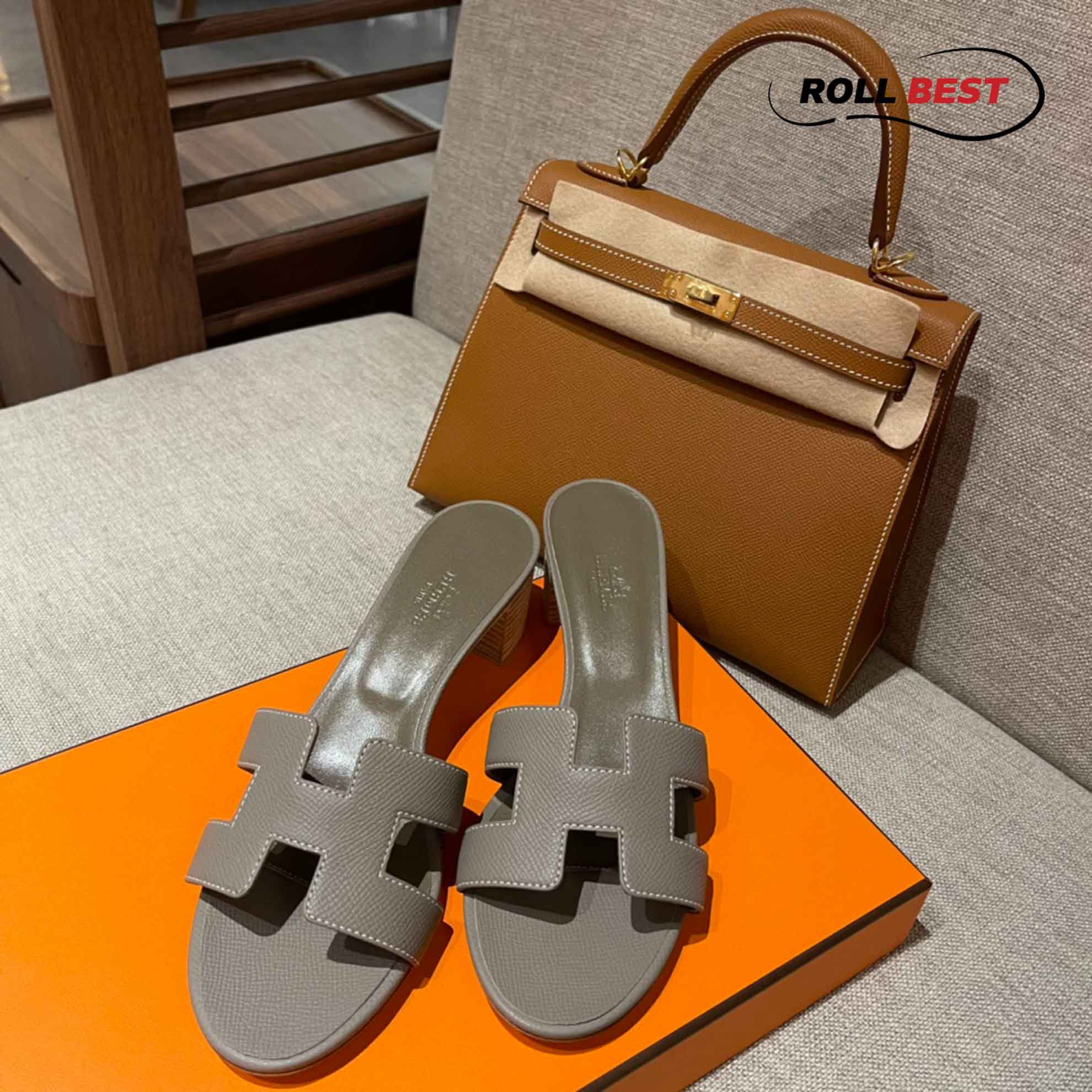 Dép Cao Gót Nữ Hermes Oasis Sandal Xám Da Nhăn