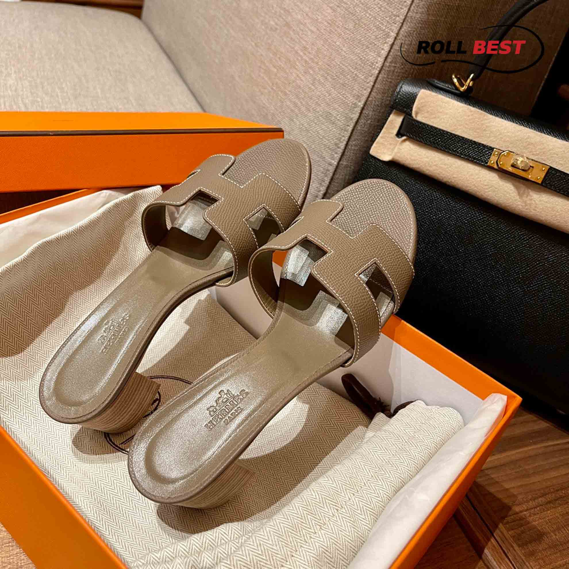 Dép Cao Gót Nữ Hermes Oasis Sandal Xám Da Nhăn