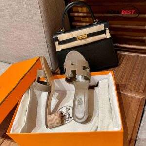 Dép Cao Gót Nữ Hermes Oasis Sandal Xám Da Nhăn