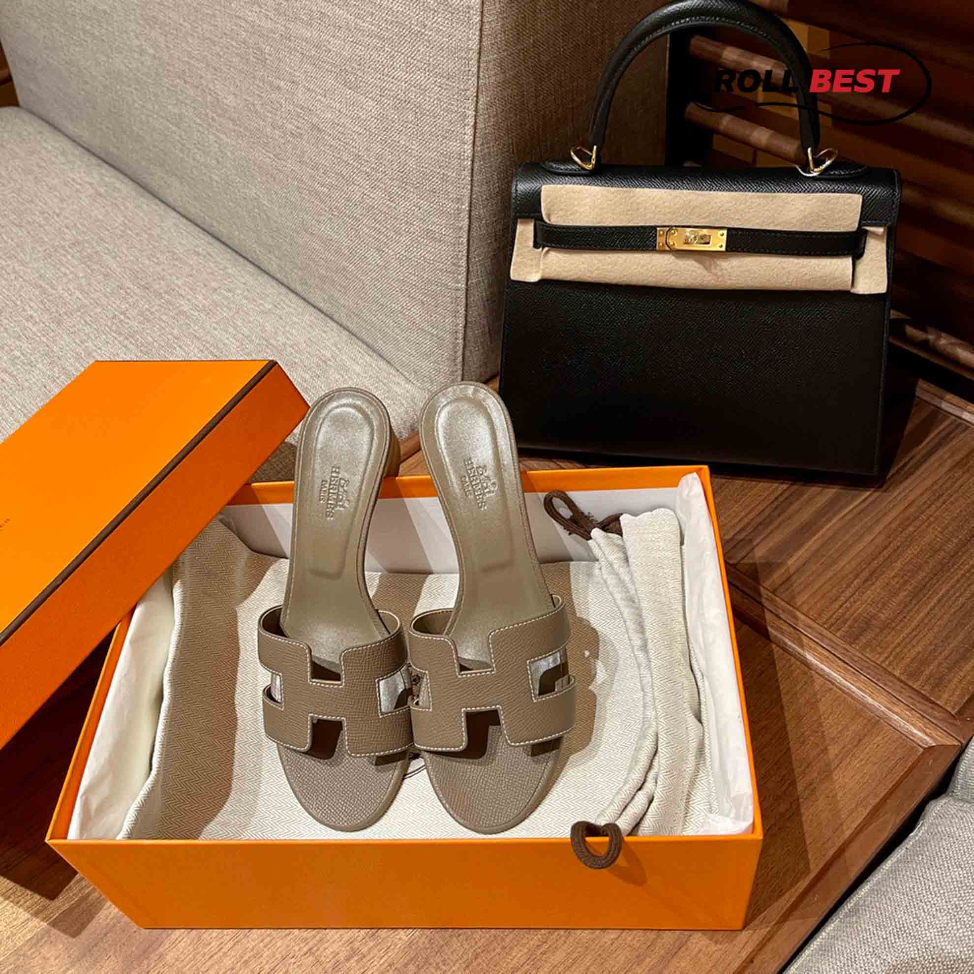 Dép Cao Gót Nữ Hermes Oasis Sandal Xám Da Nhăn