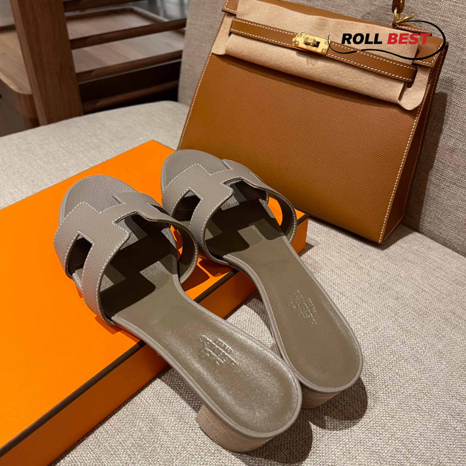 Dép Cao Gót Nữ Hermes Oasis Sandal Xám Da Nhăn