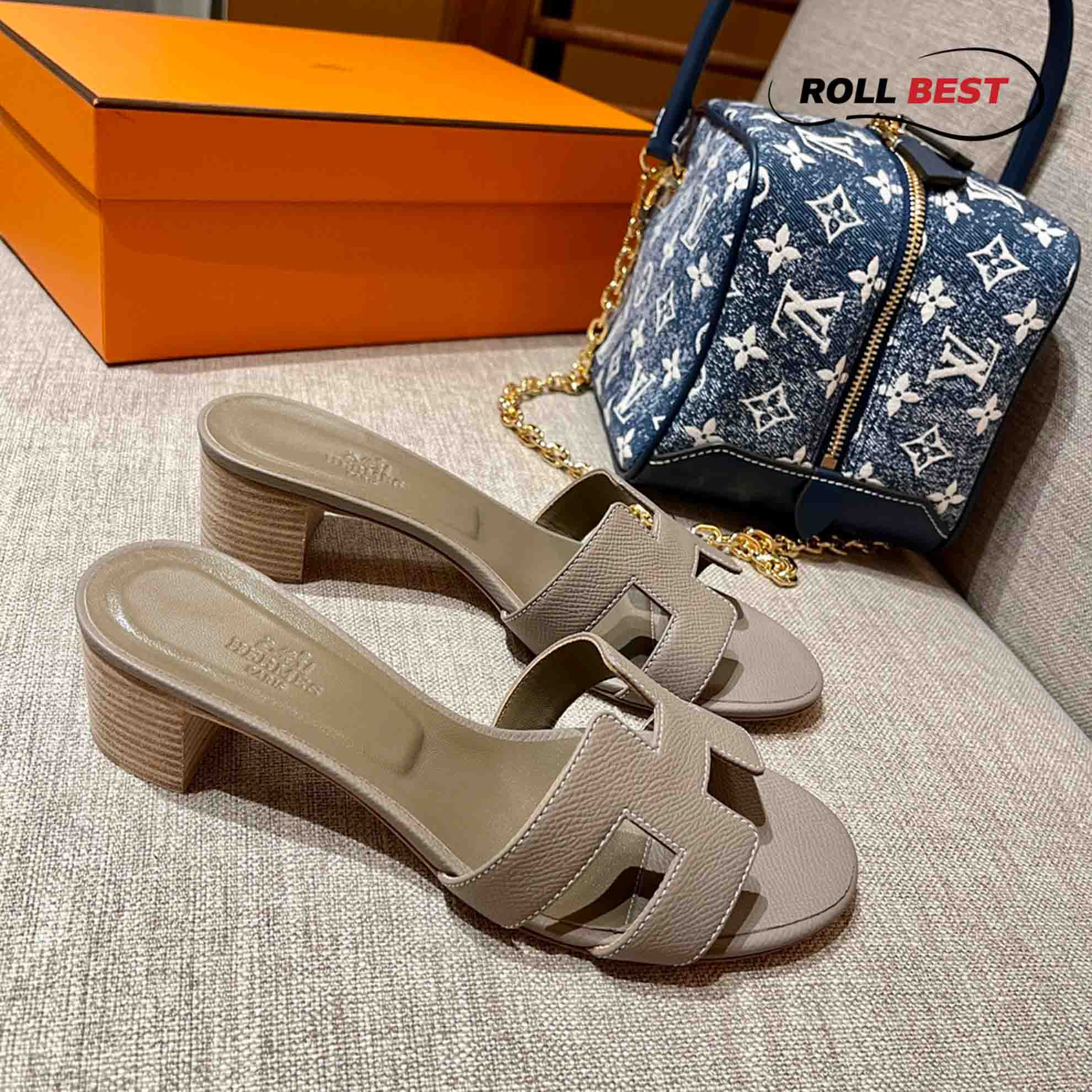 Dép Cao Gót Nữ Hermes Oasis Sandal Xám Da Nhăn