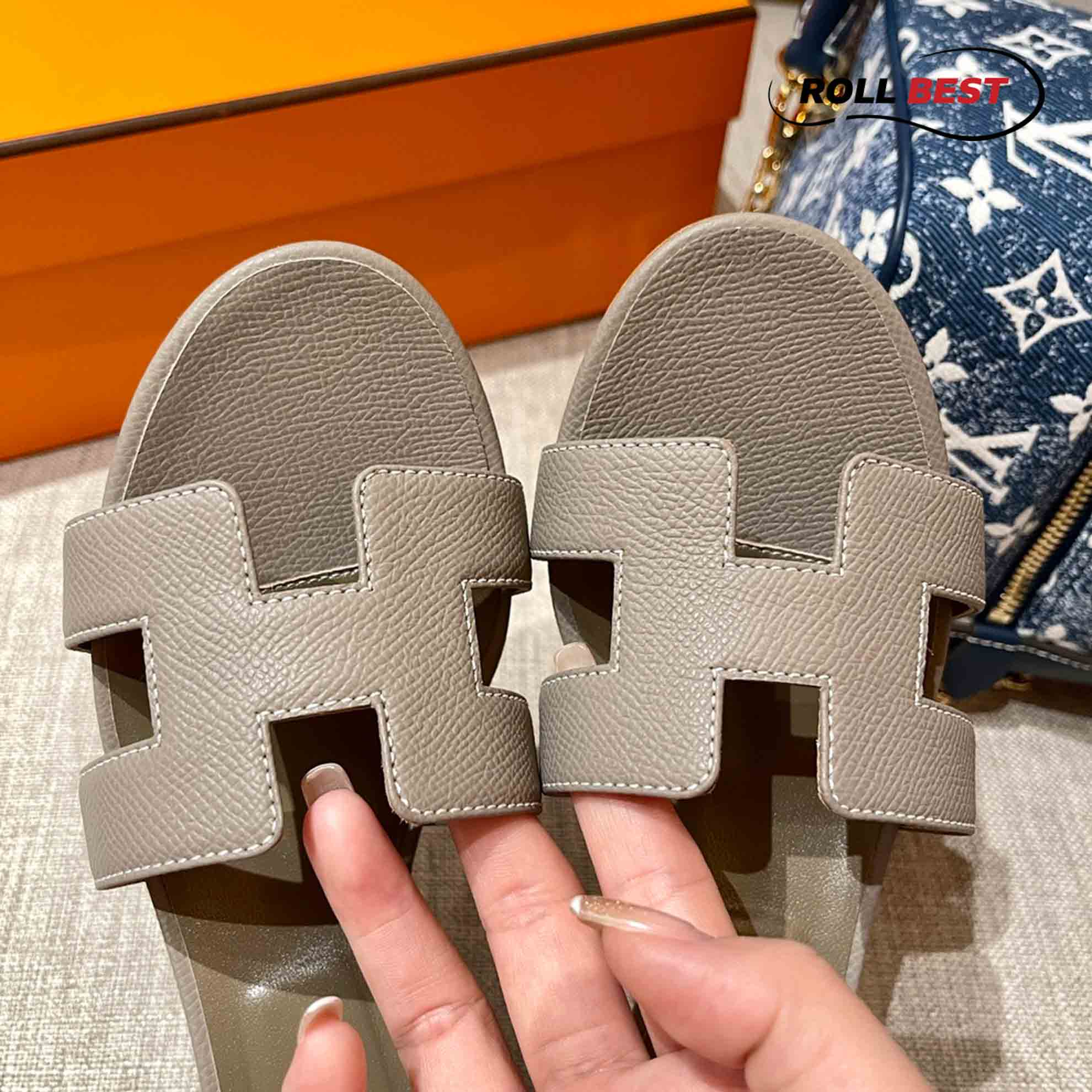 Dép Cao Gót Nữ Hermes Oasis Sandal Xám Da Nhăn