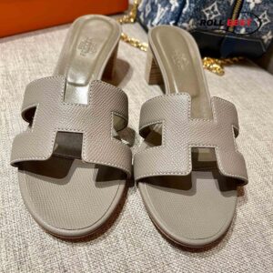 Dép Cao Gót Nữ Hermes Oasis Sandal Xám Da Nhăn