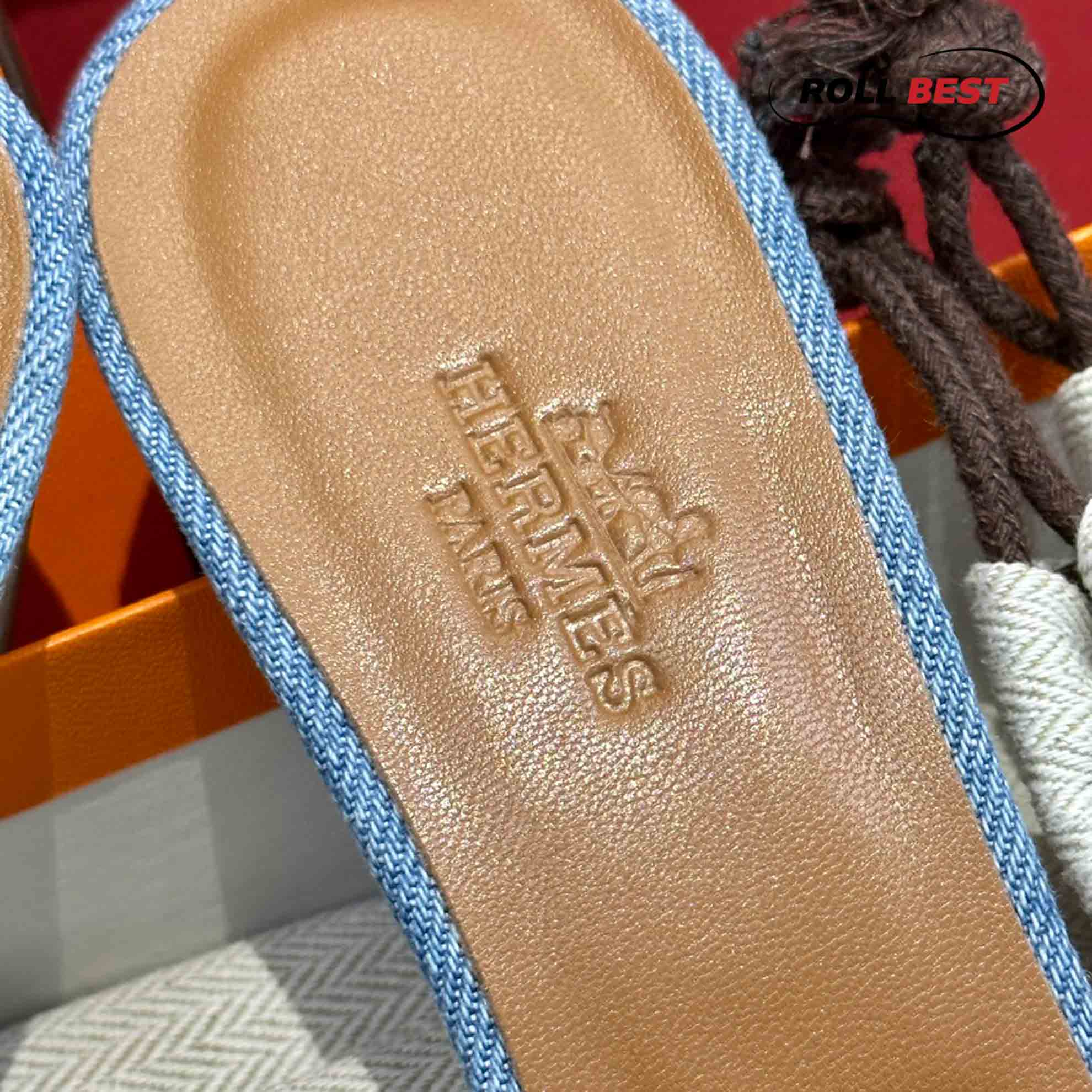 Dép Cao Gót Nữ Hermes Oasis Sandal Xanh Nâu Denim