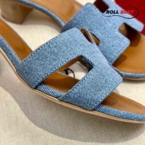 Dép Cao Gót Nữ Hermes Oasis Sandal Xanh Nâu Denim