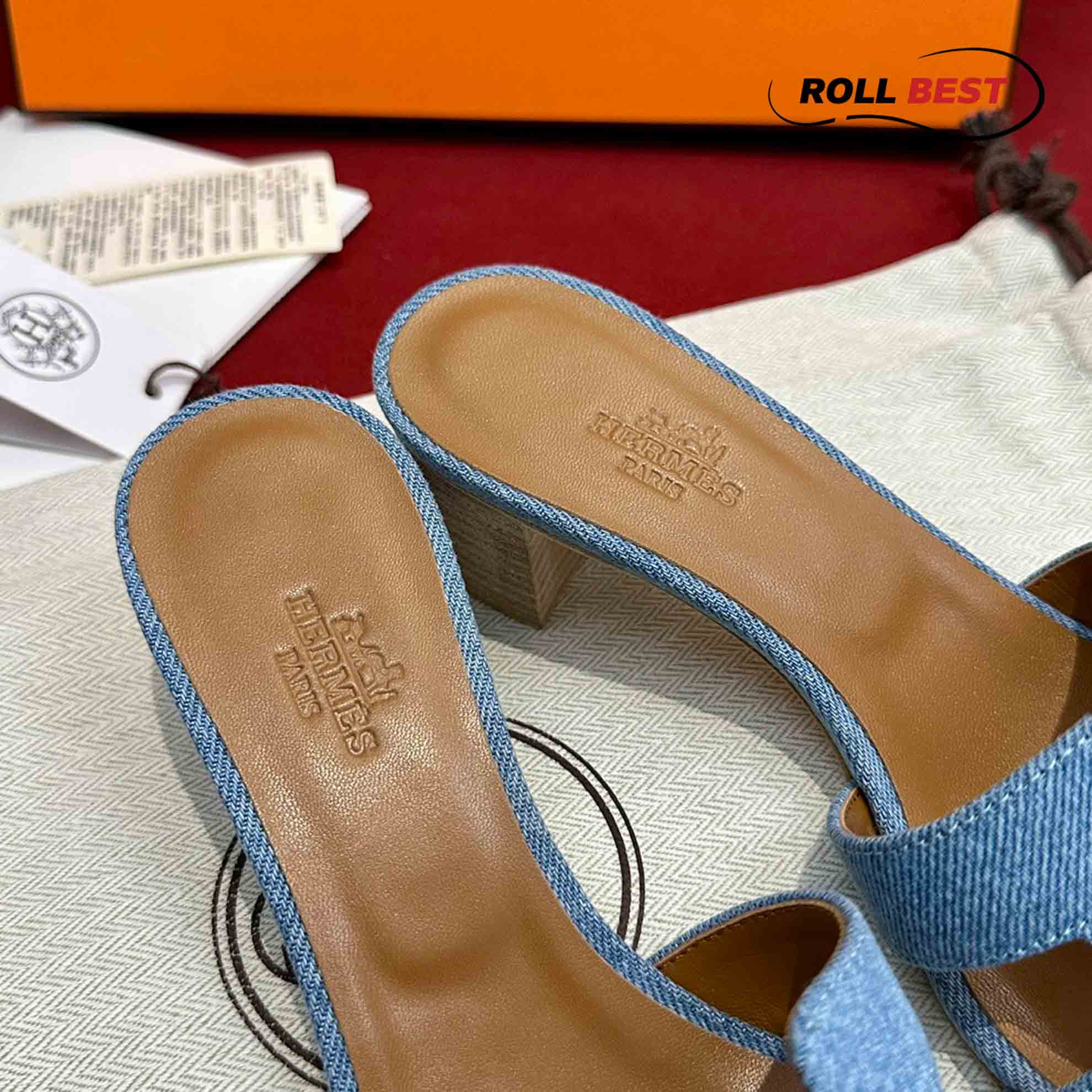 Dép Cao Gót Nữ Hermes Oasis Sandal Xanh Nâu Denim