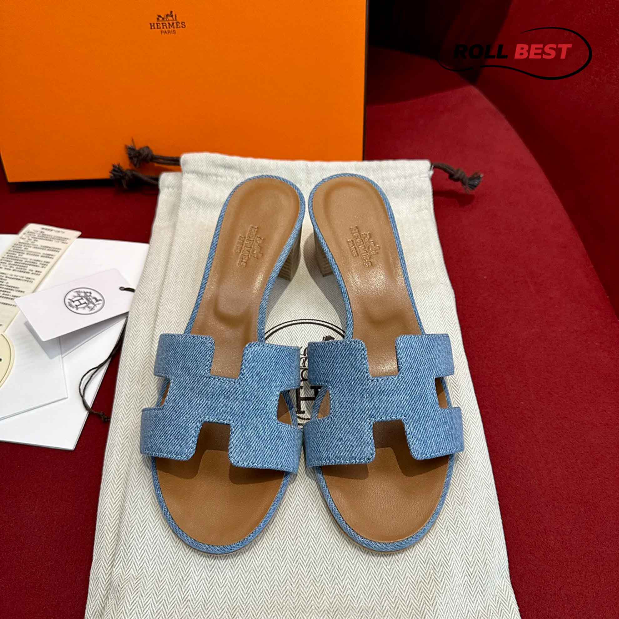 Dép Cao Gót Nữ Hermes Oasis Sandal Xanh Nâu Denim