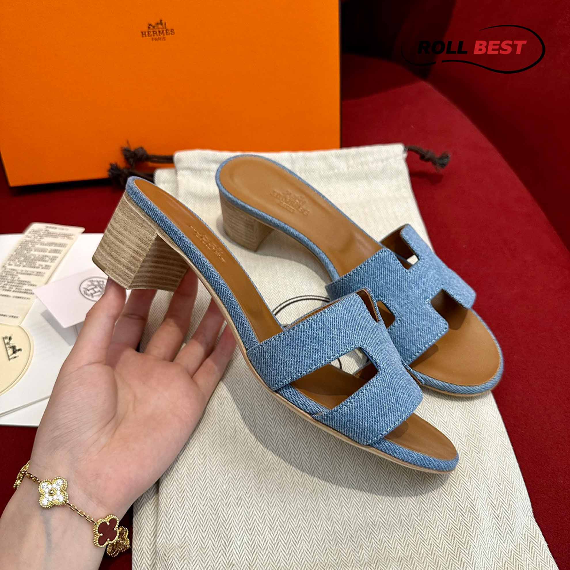 Dép Cao Gót Nữ Hermes Oasis Sandal Xanh Nâu Denim