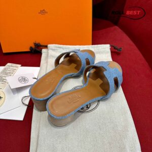 Dép Cao Gót Nữ Hermes Oasis Sandal Xanh Nâu Denim