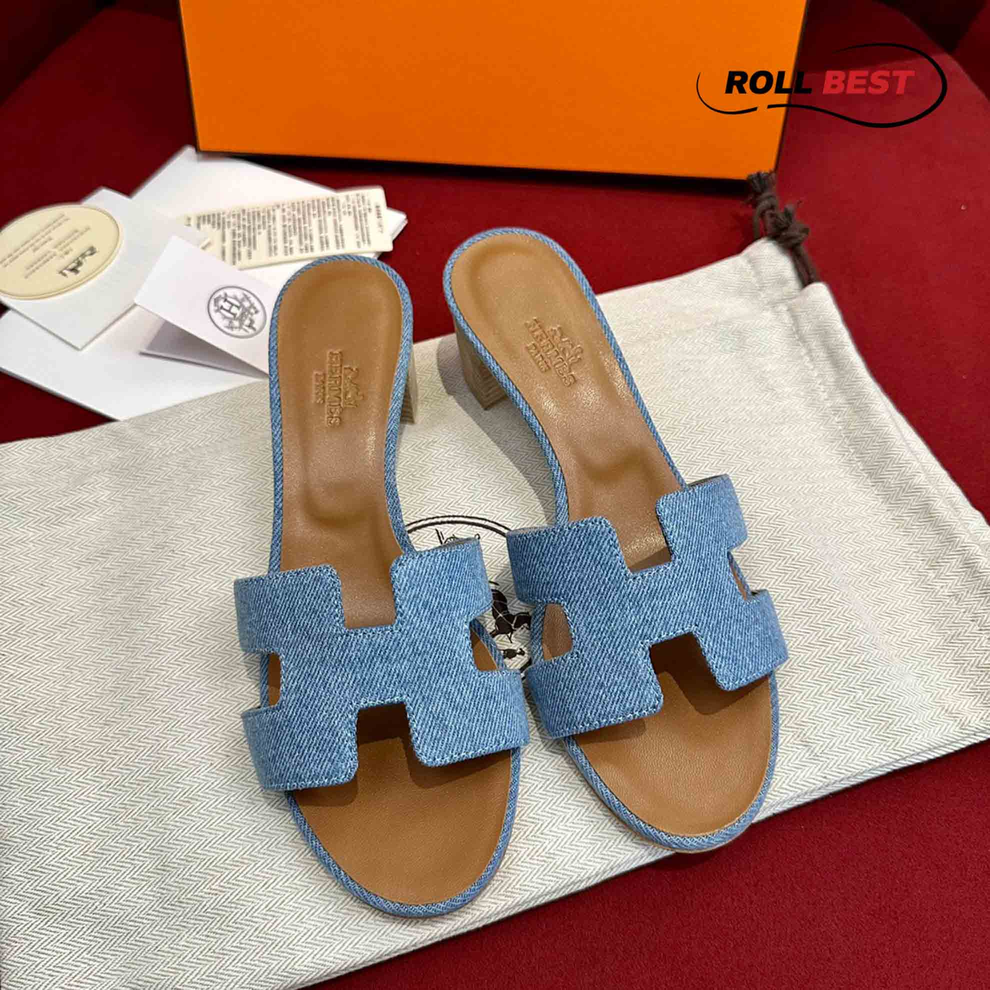 Dép Cao Gót Nữ Hermes Oasis Sandal Xanh Nâu Denim