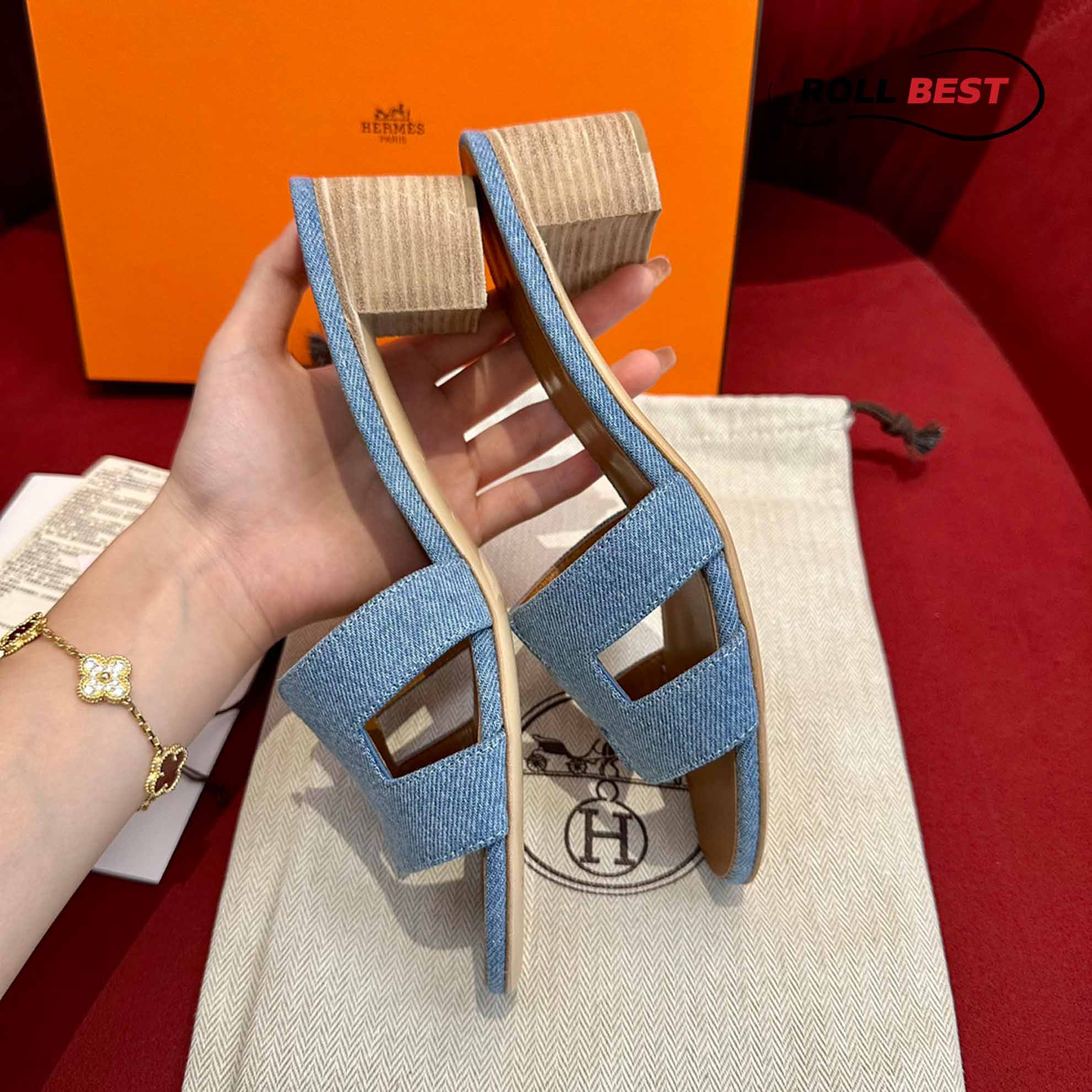 Dép Cao Gót Nữ Hermes Oasis Sandal Xanh Nâu Denim