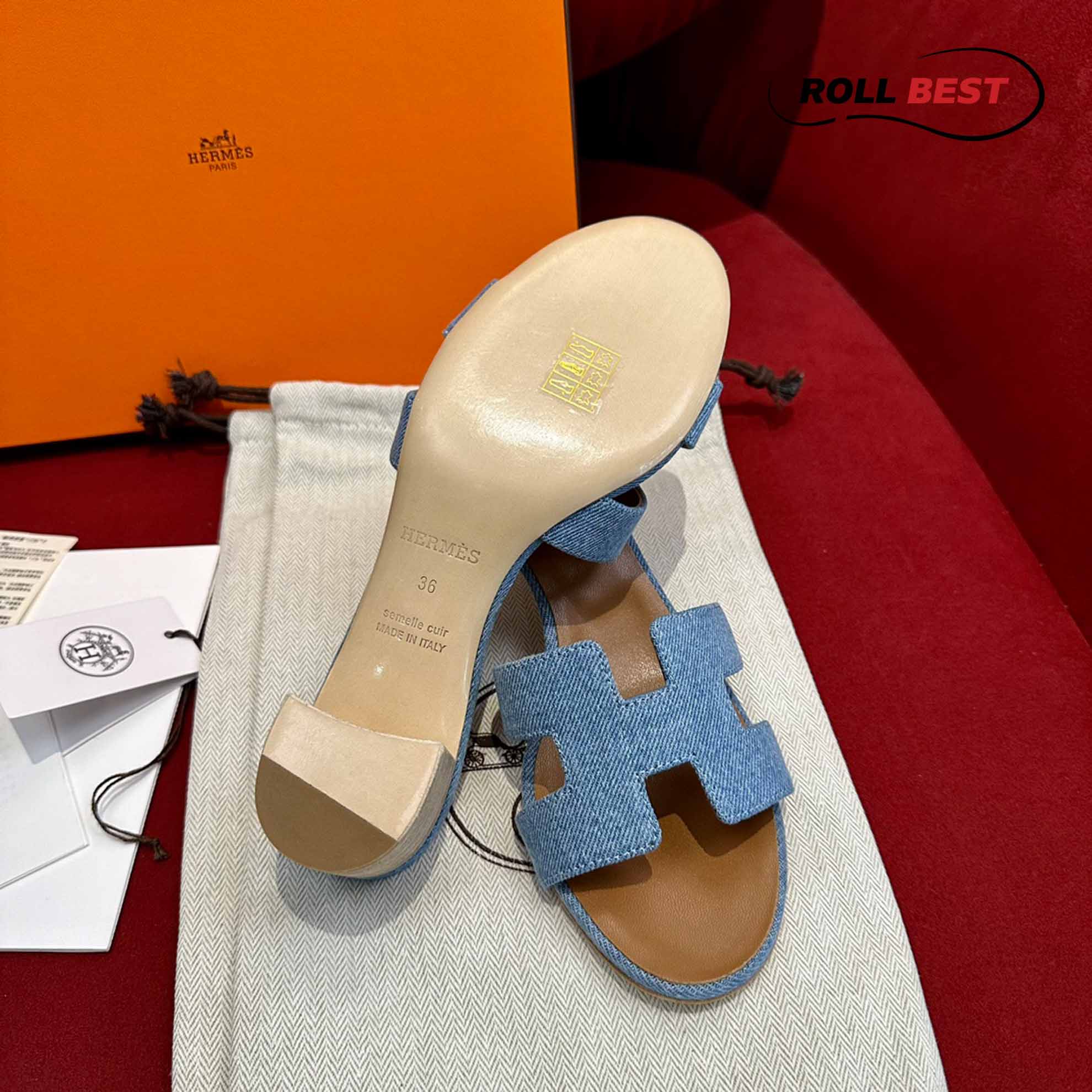 Dép Cao Gót Nữ Hermes Oasis Sandal Xanh Nâu Denim