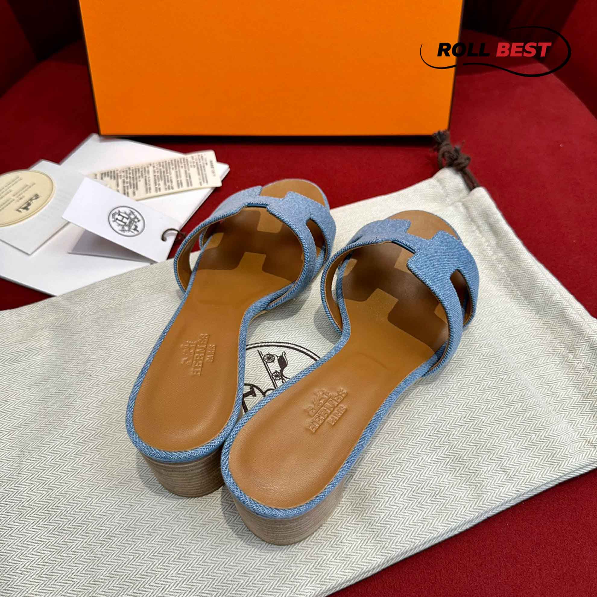 Dép Cao Gót Nữ Hermes Oasis Sandal Xanh Nâu Denim