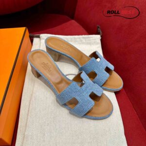 Dép Cao Gót Nữ Hermes Oasis Sandal Xanh Nâu Denim