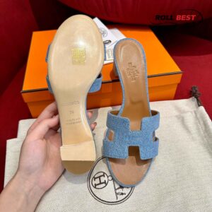 Dép Cao Gót Nữ Hermes Oasis Sandal Xanh Nâu Denim